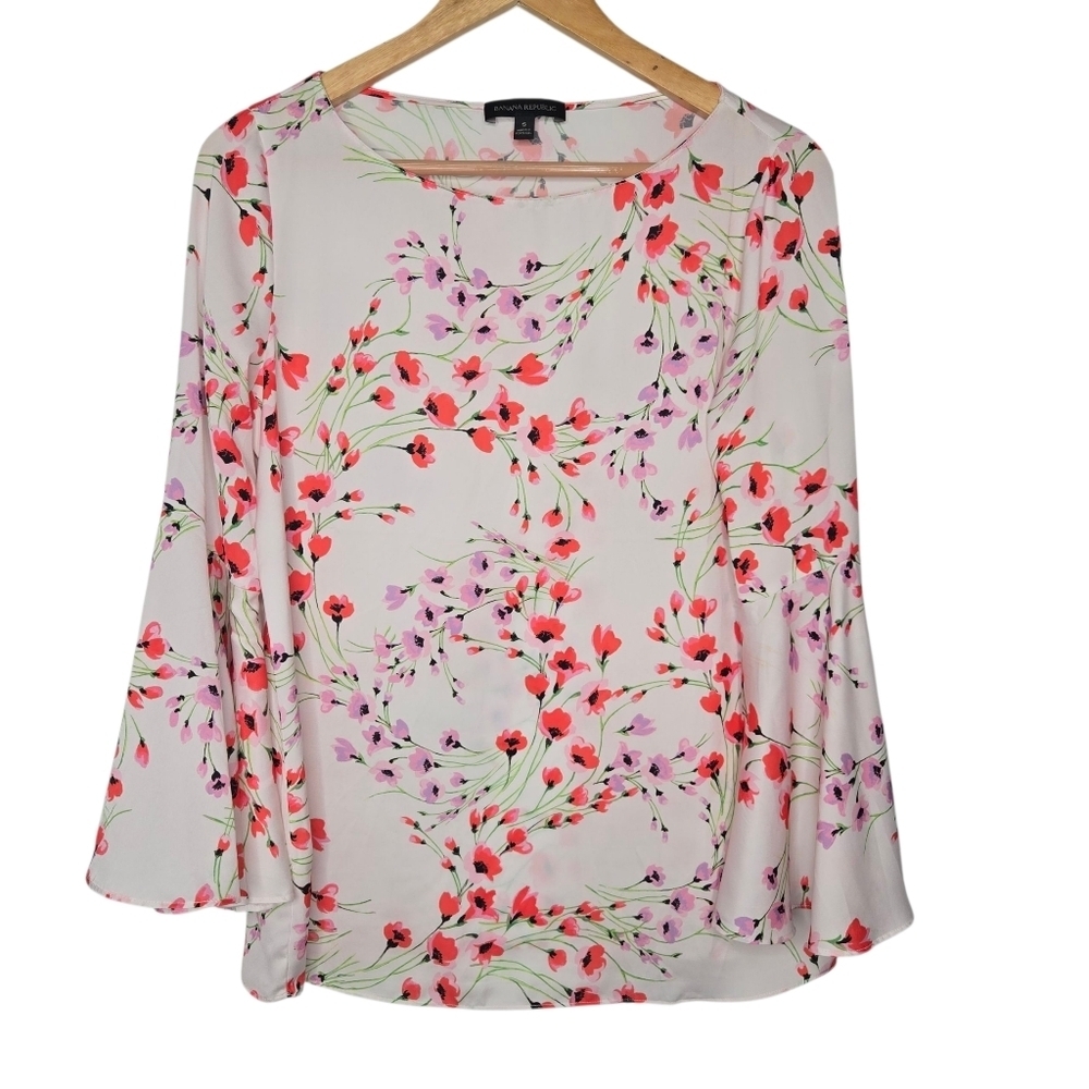 Banana Republic Womens Colorful Floral Print Chiffon Fluted Sleeve Blouse Small